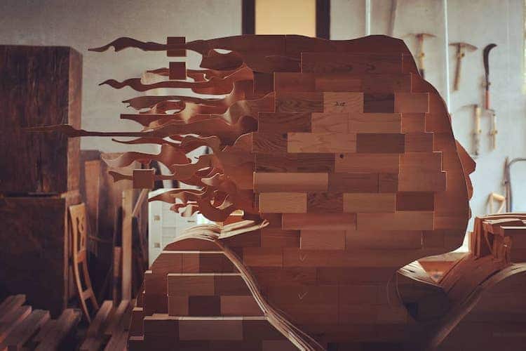 Wooden Sculpture With Pixel "Glitches"