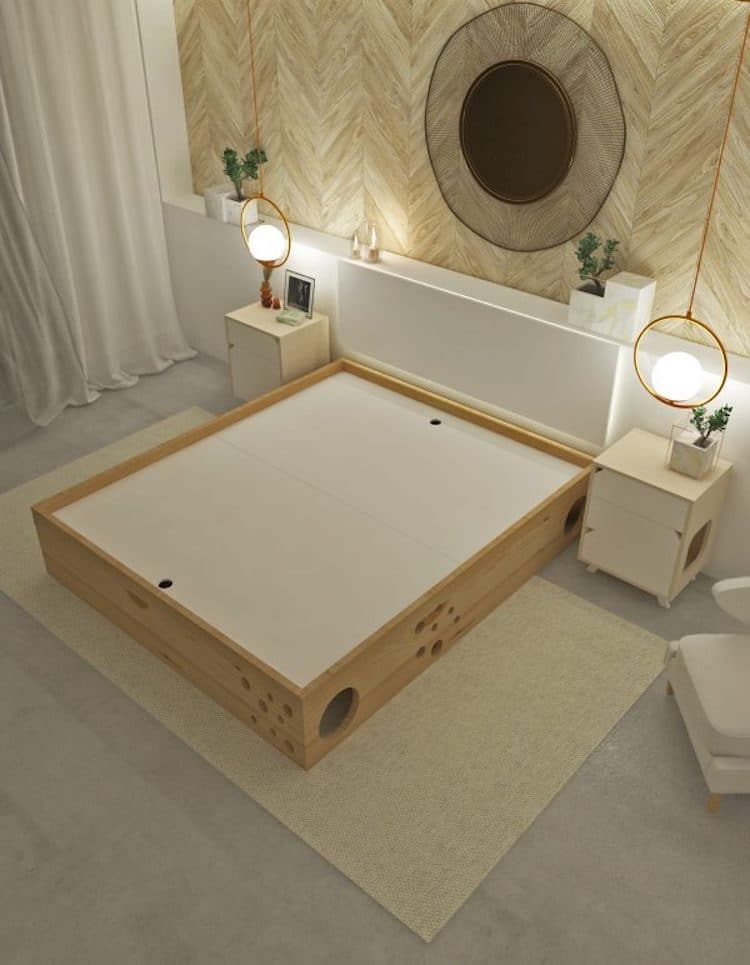 base de cama de madera también es un escondite para tu gato