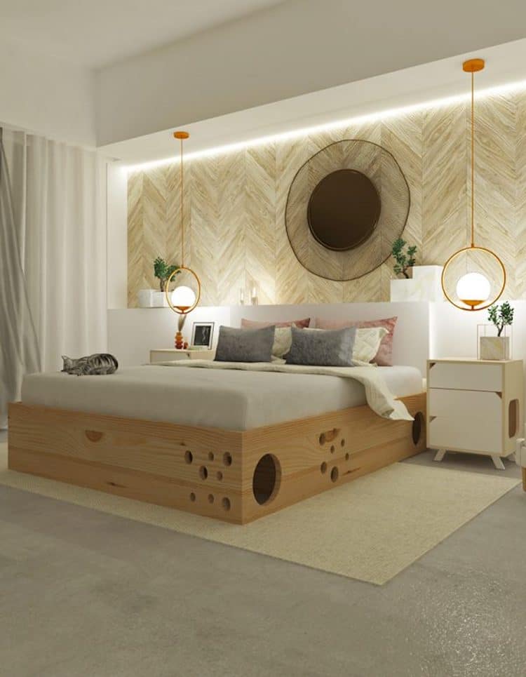 Cama de madera con espacio de juego para gatos debajo