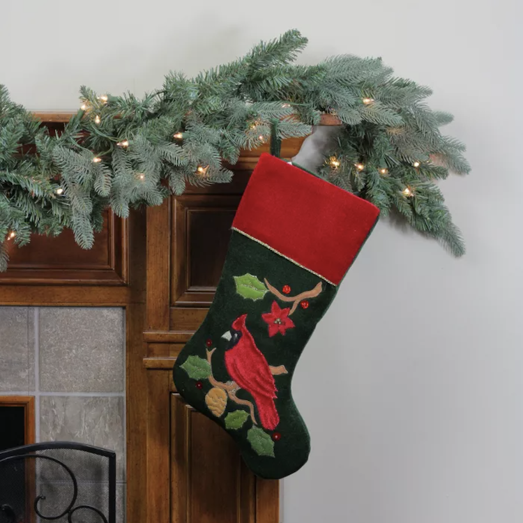Red and Green Cardinal Embroidered Christmas Stocking