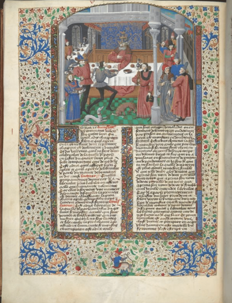 Manuscrito del siglo XV mostrando un banquete