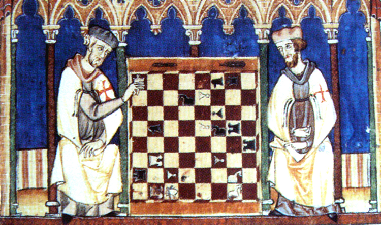 Caballeros templarios jugando una partida de ajedrez en un manuscrito