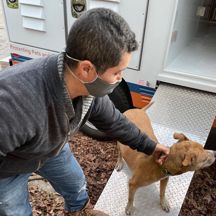 Man with Mask and Dog at New Animal Shelter