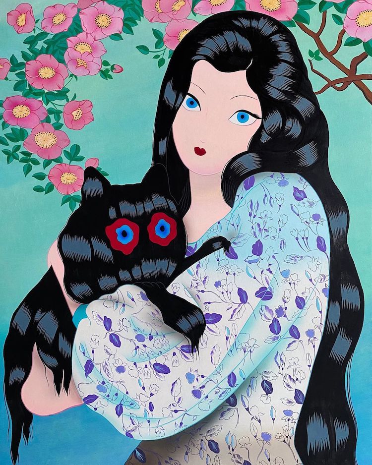 pintura de mujeres con gatos por Jang Koal