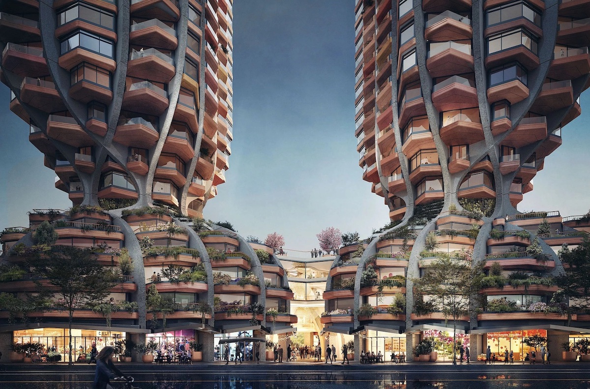 render de Heatherwick Studio de dos torres para Vancouver