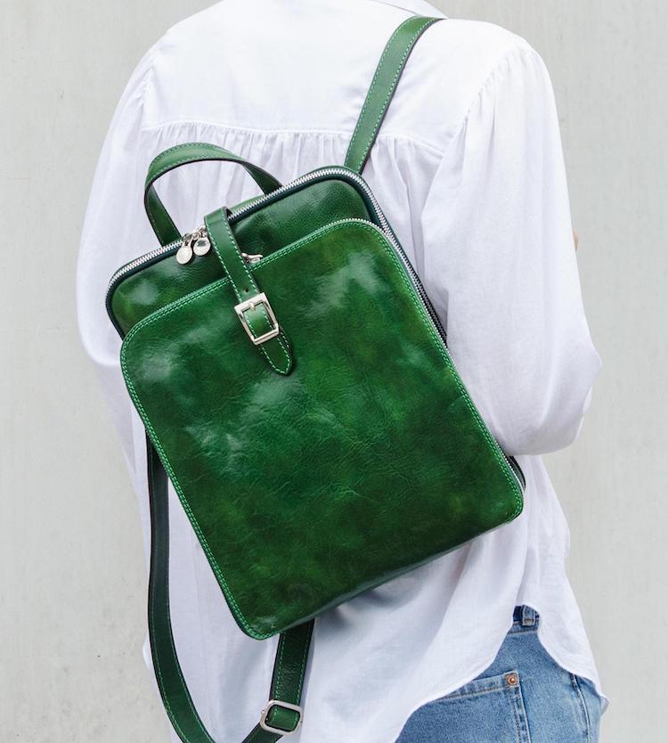 Small Green Leather Backpack Casual Classic Retro Handmade 