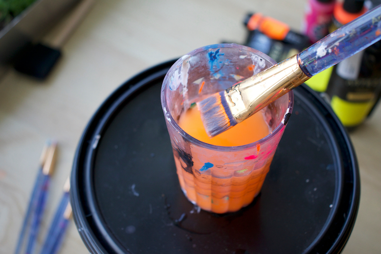 Artist Paint Brushes in White Bucket of Water, Acrylic Colour in