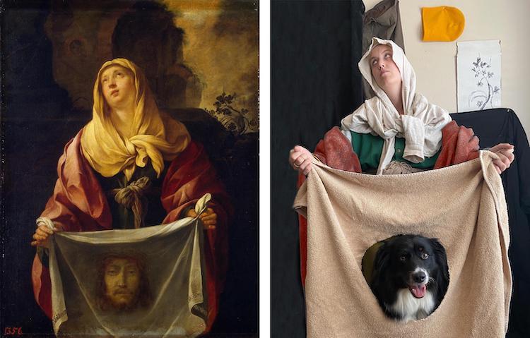 Woman and Dog Recreating Famous Artworks