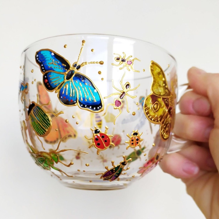 Hand Painted Orange Butterfly Mug Stained Glass Cup Decor Transparent Glass  Inspirational Personalized Mug Cool Floral Coffee Mugs 