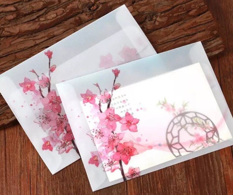 cherry blossom postcard set with see-through envelope