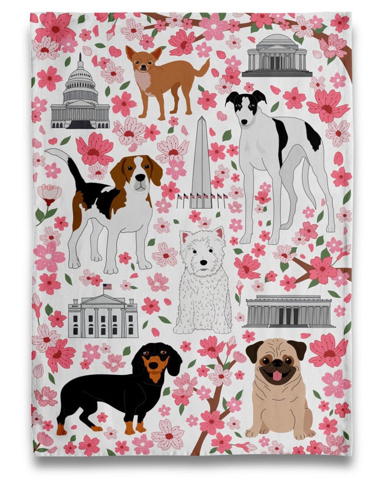 dogs, dc landmarks, and cherry blossoms tea towel