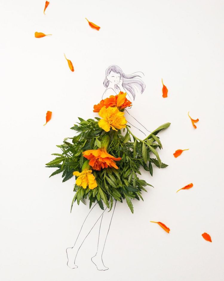 ilustraciones de moda con flores por Hanaco Hanasakura