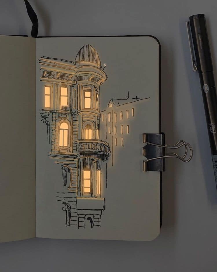 Illuminated Pen and Ink Drawings of Buildings by Nikita White