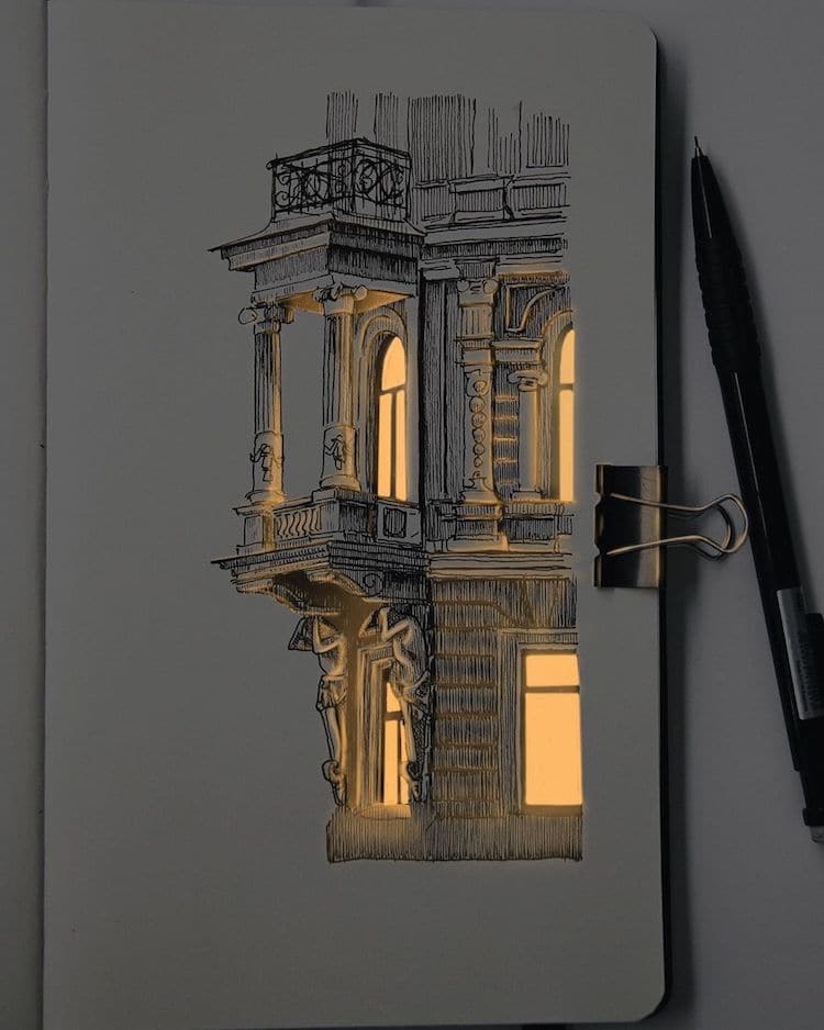 Illuminated Pen and Ink Drawings of Buildings by Nikita White