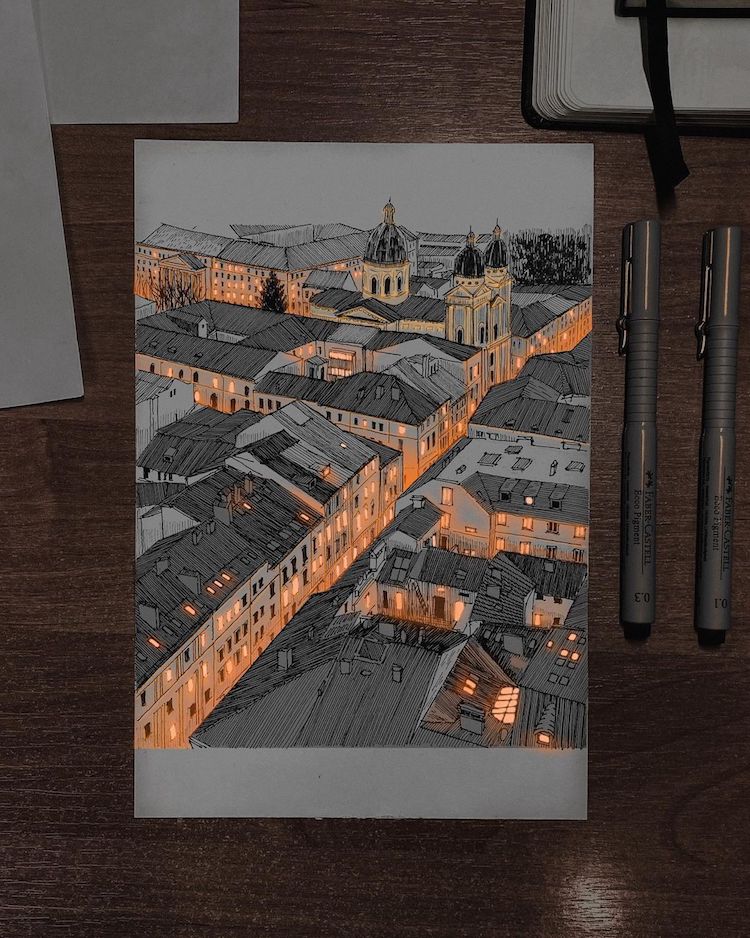 Illuminated Pen and Ink Drawings of Buildings by Nikita White