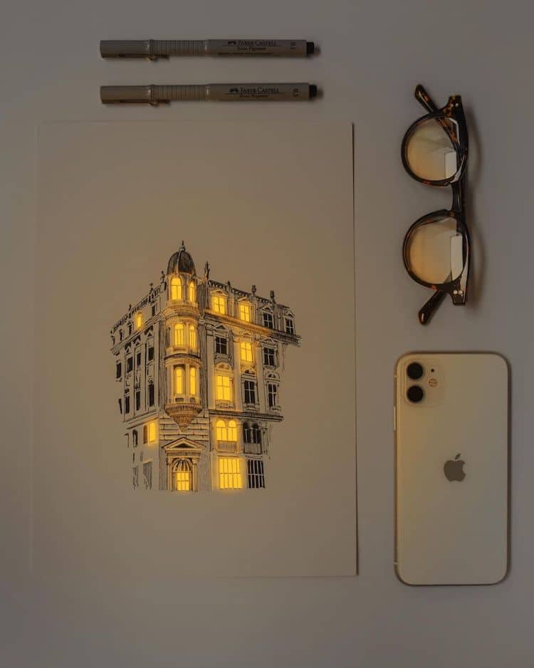 Illuminated Pen and Ink Drawings of Buildings by Nikita White