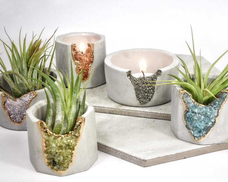 Geode and Concrete Planters And Modern Candle Holders