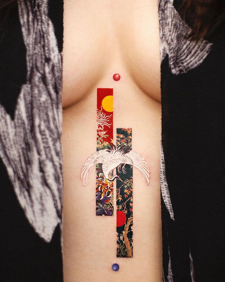 Rectangular Tattoo Art Inspired by Traditional Chinese Paintings