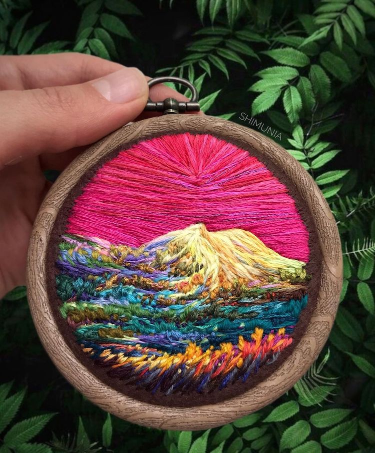 Russian embroidery artist Vera Shimunia richly-hued mountainscapes,  sunrises, and skies - Artpeople Gallery