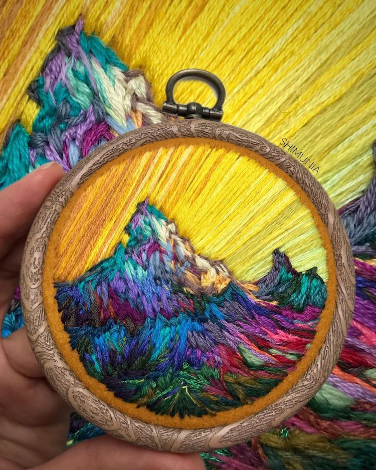 Russian embroidery artist Vera Shimunia richly-hued mountainscapes,  sunrises, and skies - Artpeople Gallery