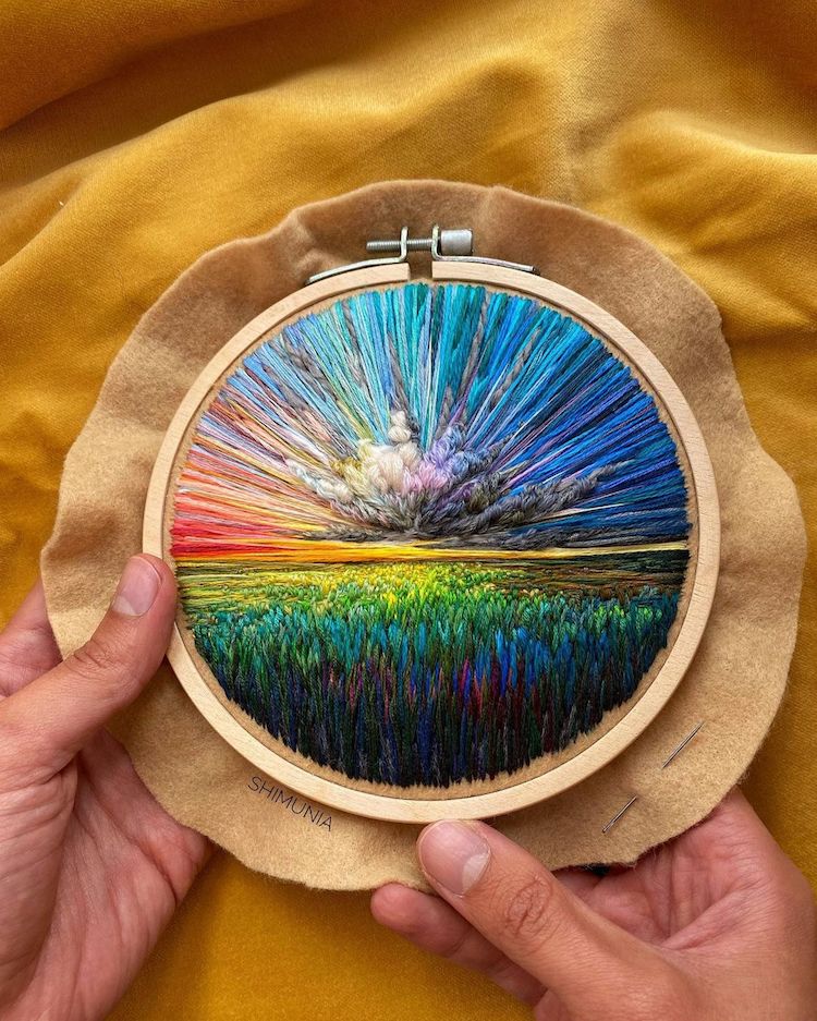 Russian embroidery artist Vera Shimunia richly-hued mountainscapes,  sunrises, and skies - Artpeople Gallery