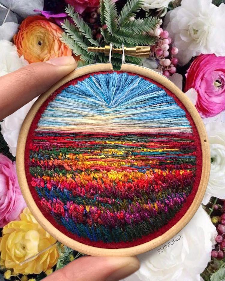 Billowing Clouds and Rainbow-Hued Sunsets Created With Textured Embroidery  Thread by Vera Shimunia