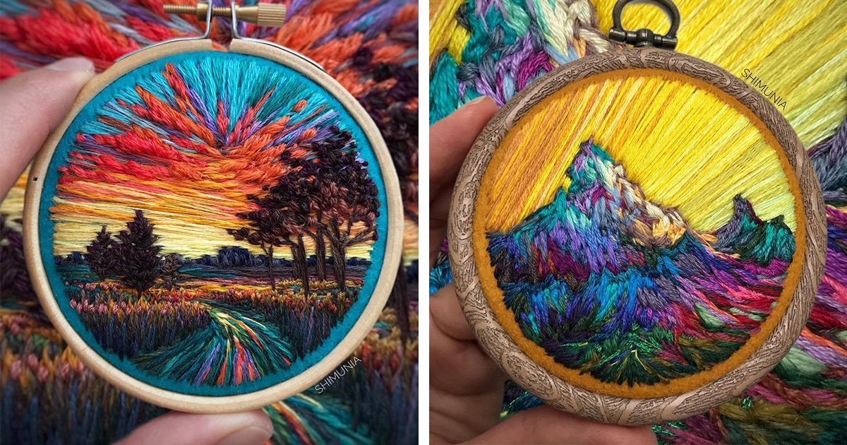 vera shimunia continues her series of vibrant, intricately embroidered  landscapes