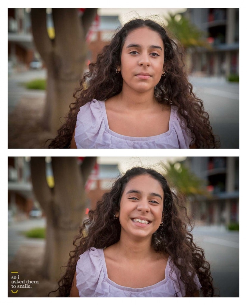 Una mujer joven en Australia antes y después de sonreír
