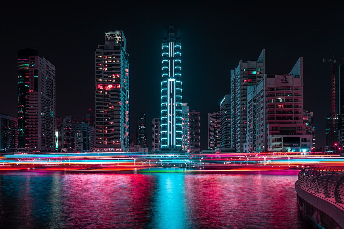 Neon Glow of Dubai Along the Water