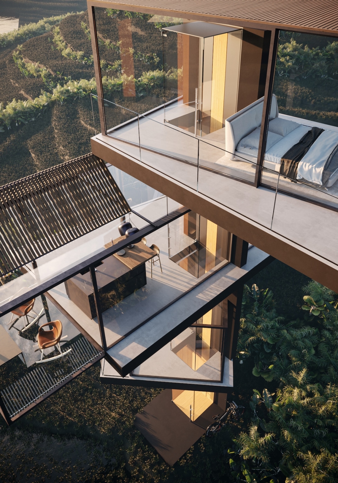 Designer Imagines Spiraling Glass Home That Overlooks Rice Paddies