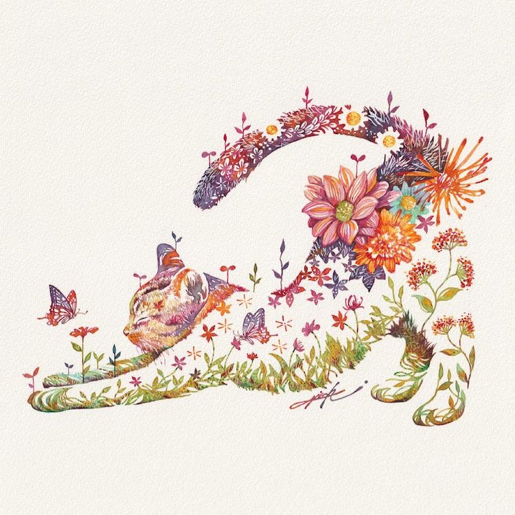 Ilustraciones florales de animales por Hiroki Takeda