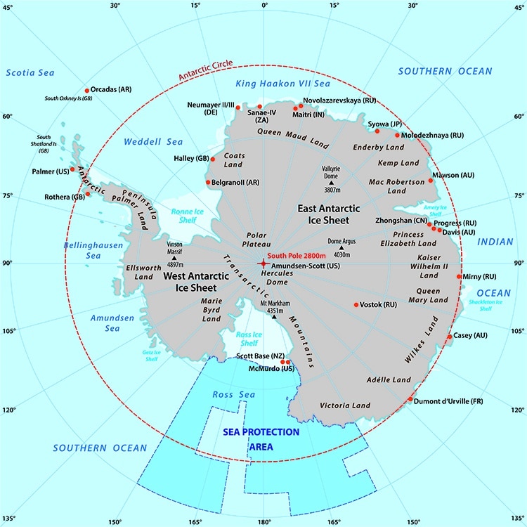 Mapa de la antártida con océano austral