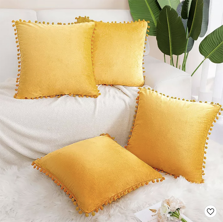 Velvet Yellow 4 Piece Pom Pom Pillow Cases