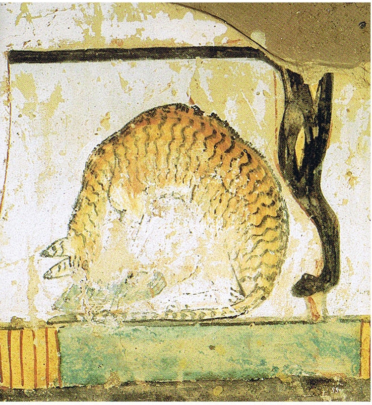 Painting of a cat eating fish