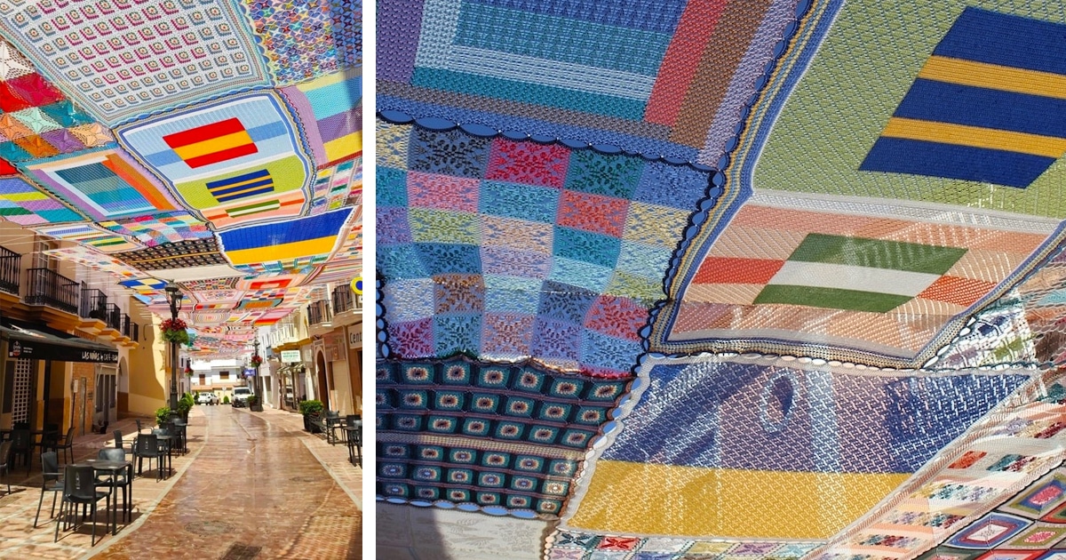 Solid crochet canopy provides color and shade in the hot Spanish town