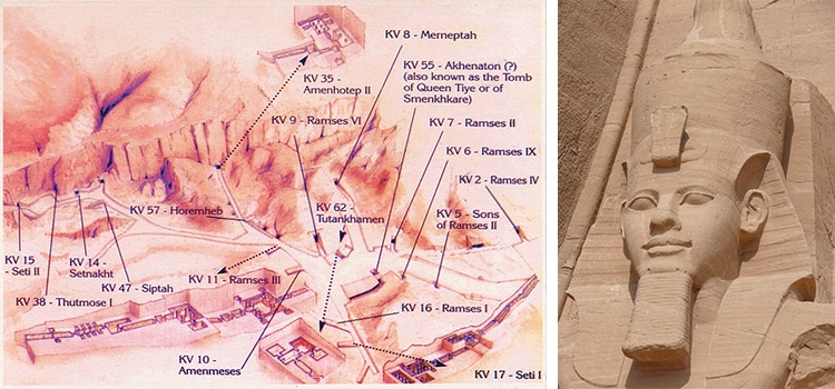 Map of Valley of the Kings and Photo of Bust of Ramesses II