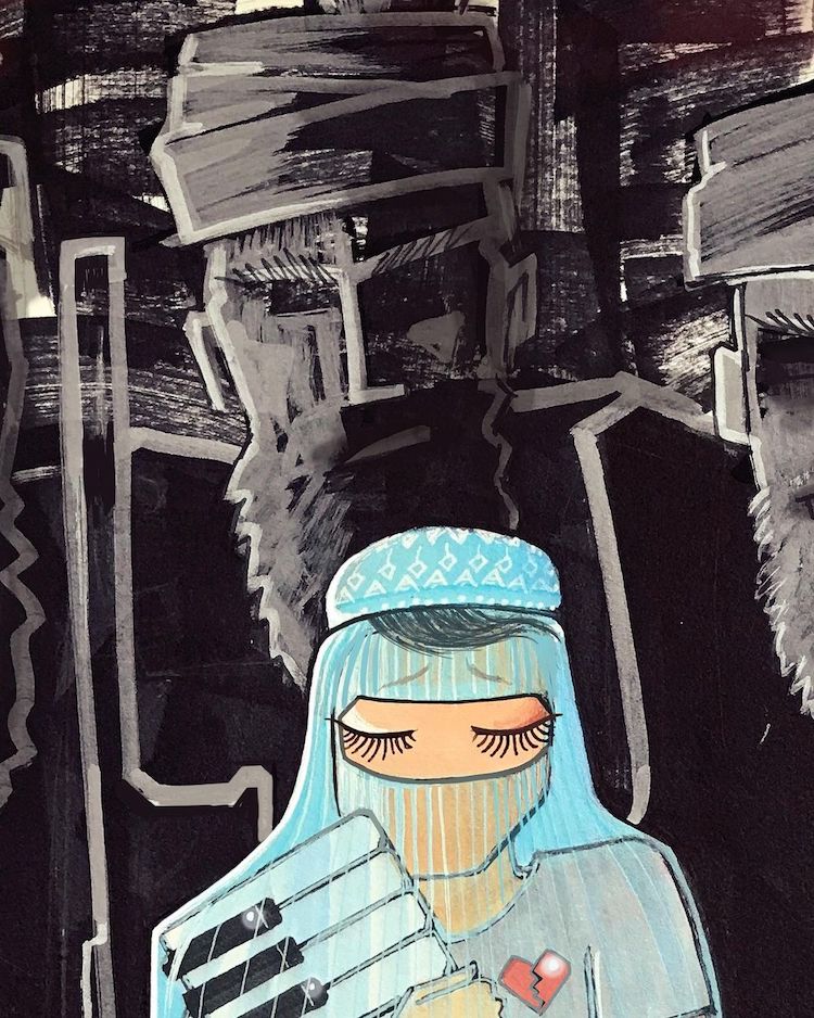 ilustración de Shamsia Hassani con una mujer sobre la vuelta de los talibanes al poder