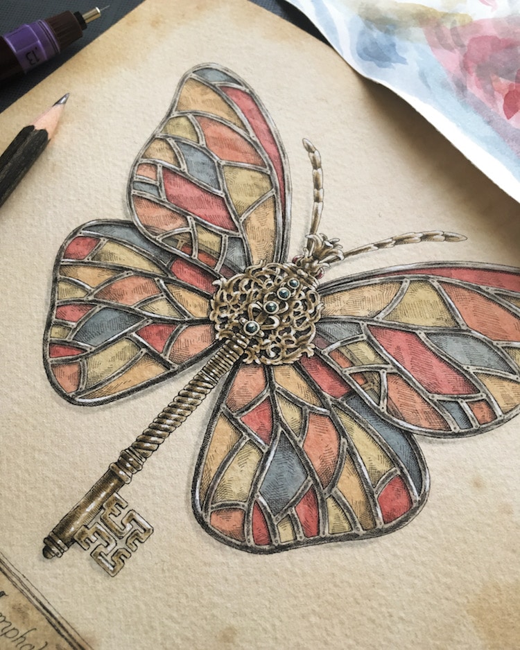 dibujo a tinta de mariposa con llave y vitral por Steeven Salvat