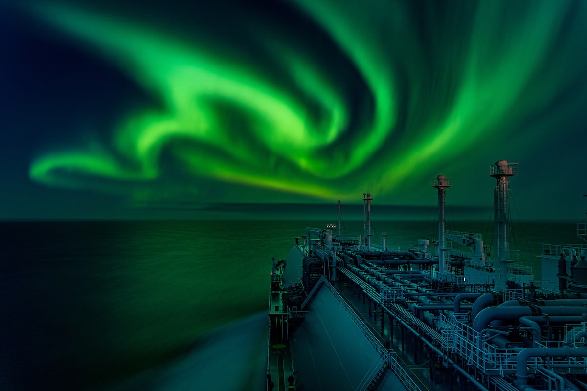 Aurora Borealis Over the Bow of a Ship