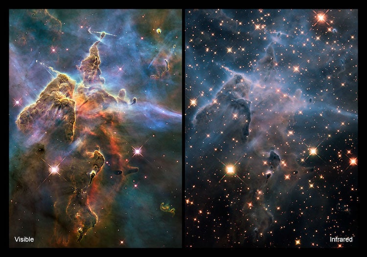 Deux images d’un pilier de naissance d’étoile prises en lumière visible et infrarouge par le télescope spatial Hubble de la NASA/ESA, révélant des vues radicalement différentes et complémentaires de l’objet.