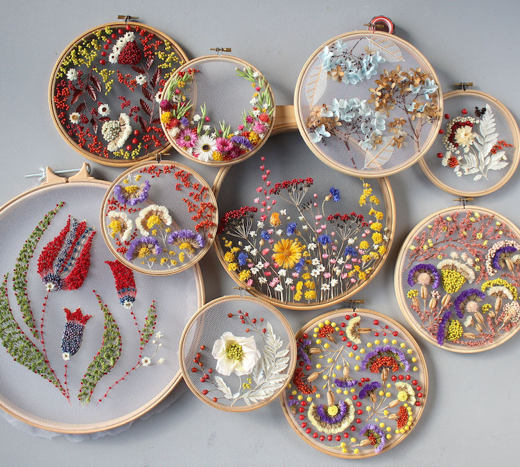 Broderie fleurs séchées par Olga Prinku