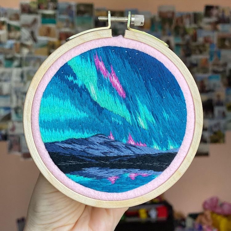 Brilliant Embroideries Capture the Expansive Beauty of the Aurora Borealis  in Small Hoops