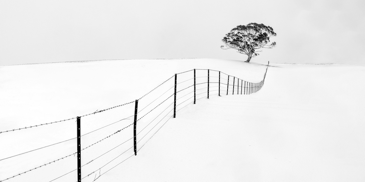 Foto panorámica de una valla en la nieve