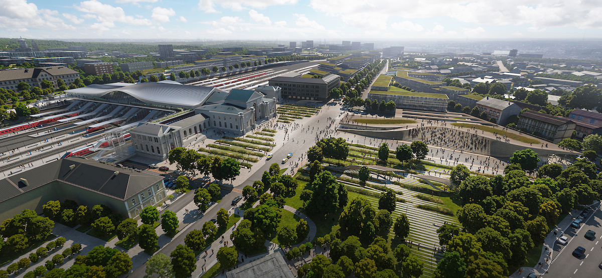 Aerial Rendering of Zaha Hadid Architects' Green Connect Proposal for Vilnius Railway Station Competition