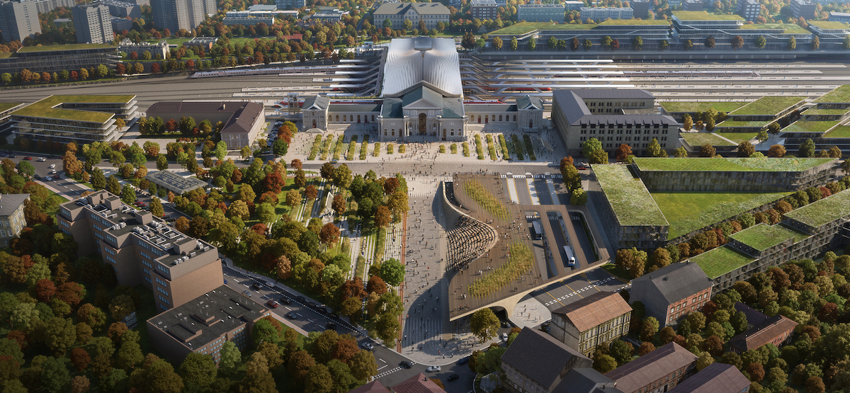 Aerial Rendering of Zaha Hadid Architects' Green Connect Proposal for Vilnius Railway Station Competition