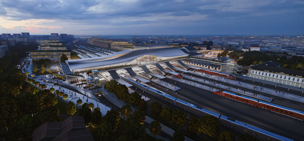 Aerial Rendering of Zaha Hadid Architects' Green Connect Proposal for Vilnius Railway Station Competition