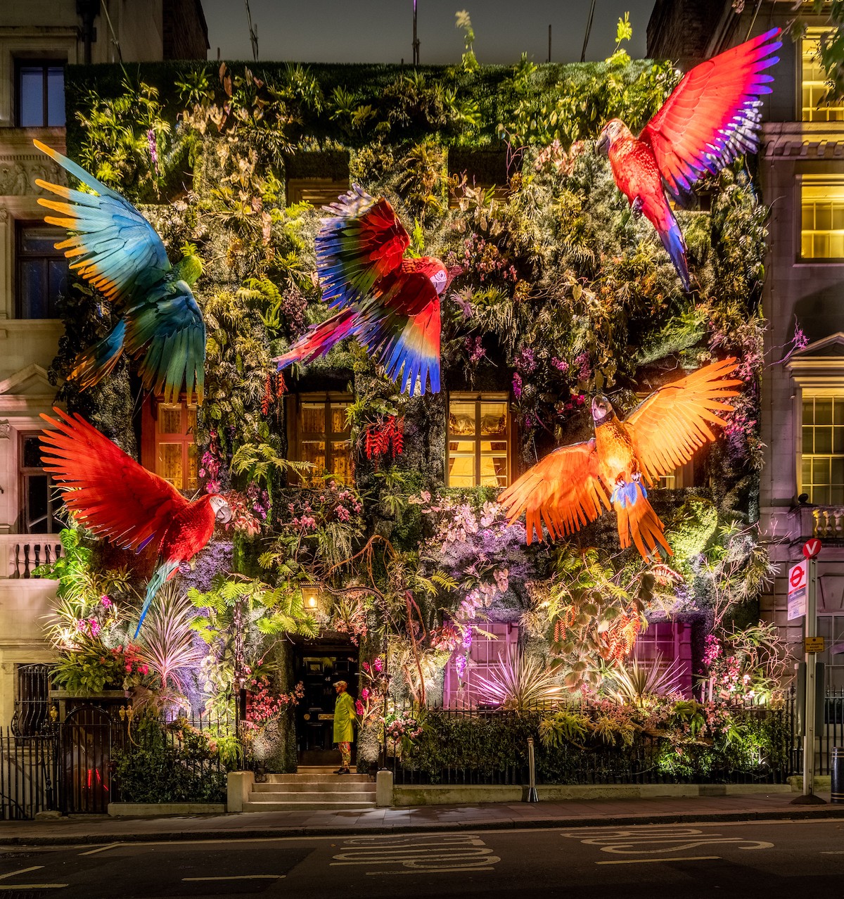 Colorful Parrots Dot Rainforest Façade of Annabel’s London