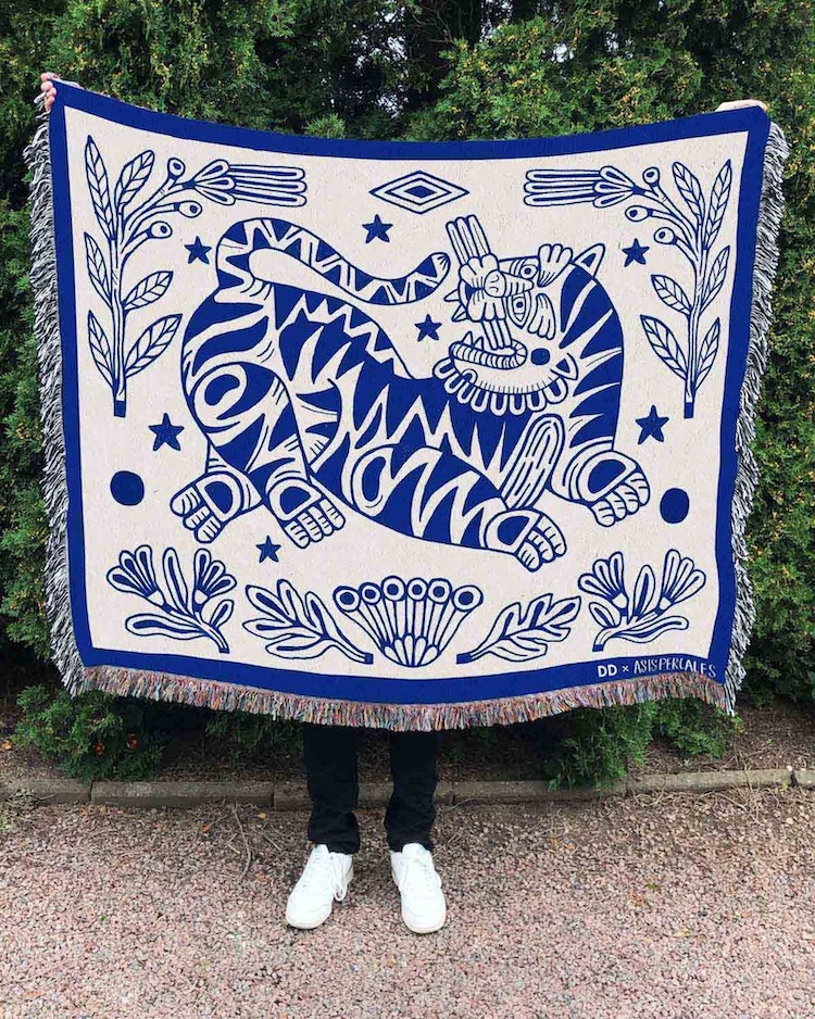 Botanical Blue and White Tiger Blanket