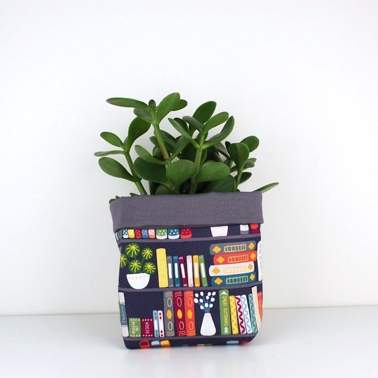 Fabric Plant Pot Cover with Book Motif