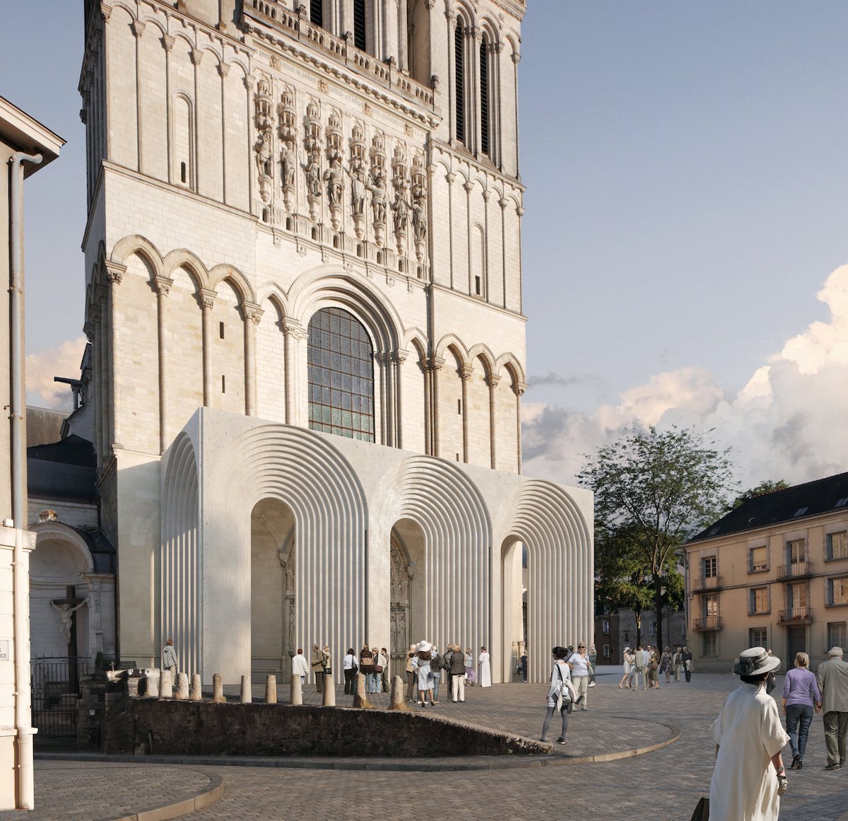Front View of Kengo Kuma and Associates Designed Contemporary Entrance to Angers Cathedral